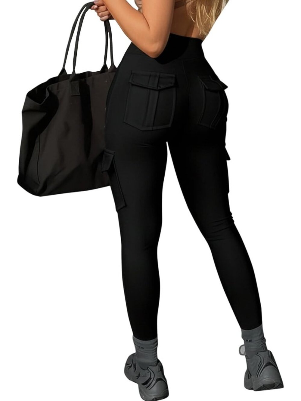 Women's Black High Waisted Tummy Control Running Workout Leggings with Pocket